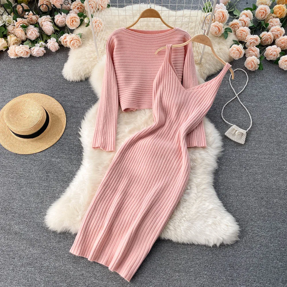 

Retro chic Women's dress suits short knit sweater top sling V-neck temperament hip-wrapped dress stacked two-piece Knitted suit