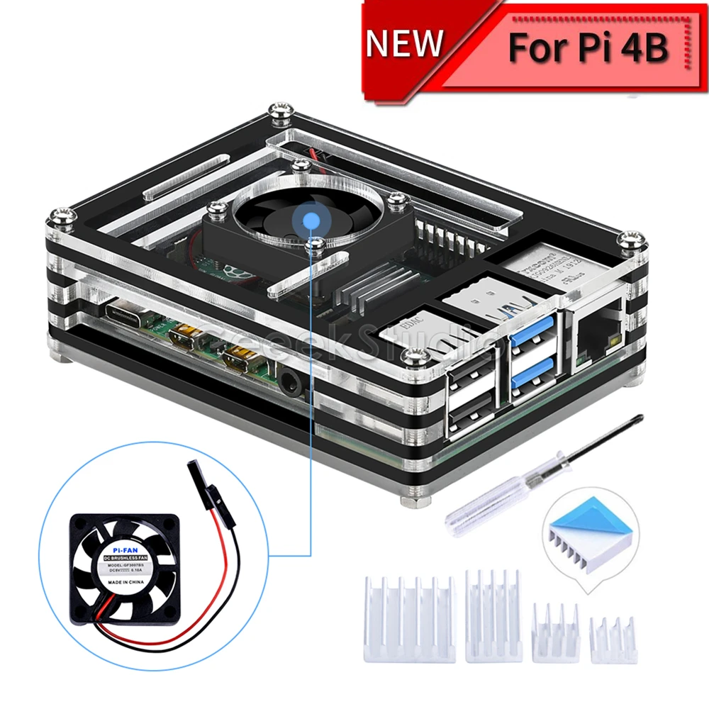 Акриловый прозрачный/прозрачный и черный чехол для Raspberry Pi 4 Модель B, с охлаждающим вентилятором для Raspberry Pi 4B