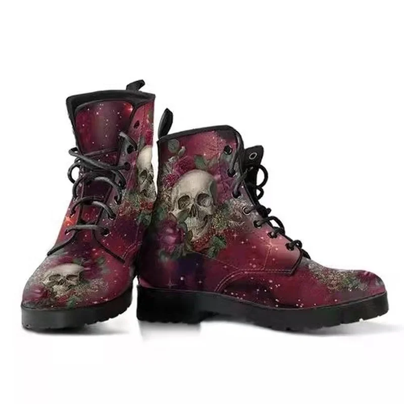 2021 Women Ankle Boots Low Heels Shoes Woman Vintage Pu Leather Autumn Warm Winter high Snow Boots Motorcycle Skull Pansy