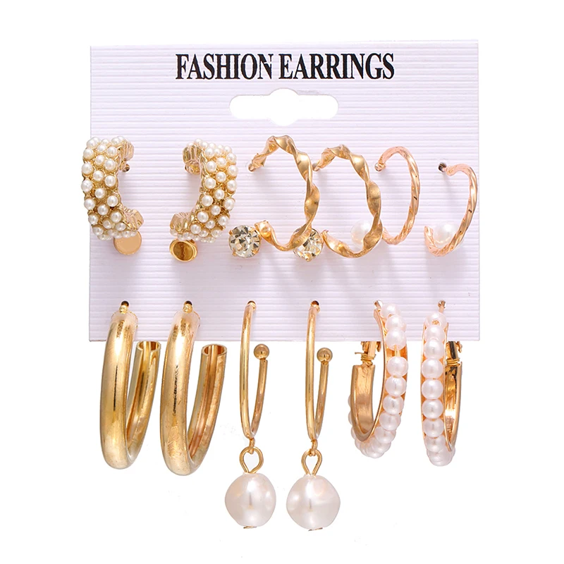 

Fashion Gold Pearl Earrings Set For Women Vintage Metal Hoop Earings Geometric Circle Drop Earrings Jewelry