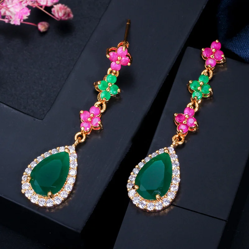 Pera Vintage Indian Women Green And Red Long Cubic Zirconia Waterdrop Big Earings For Fashion Wedding Prom Party Jewelry E158 | Украшения и