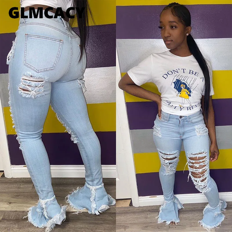 3 Colors Women Ripped Denim Bell Bottom Bodycon Jeans Slim Fit Solid Blue Distressed Pants ( No Stretch ) | Женская одежда