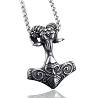mens viking goat warrior thors hammer mjolnir stainless steel pendant necklace chain