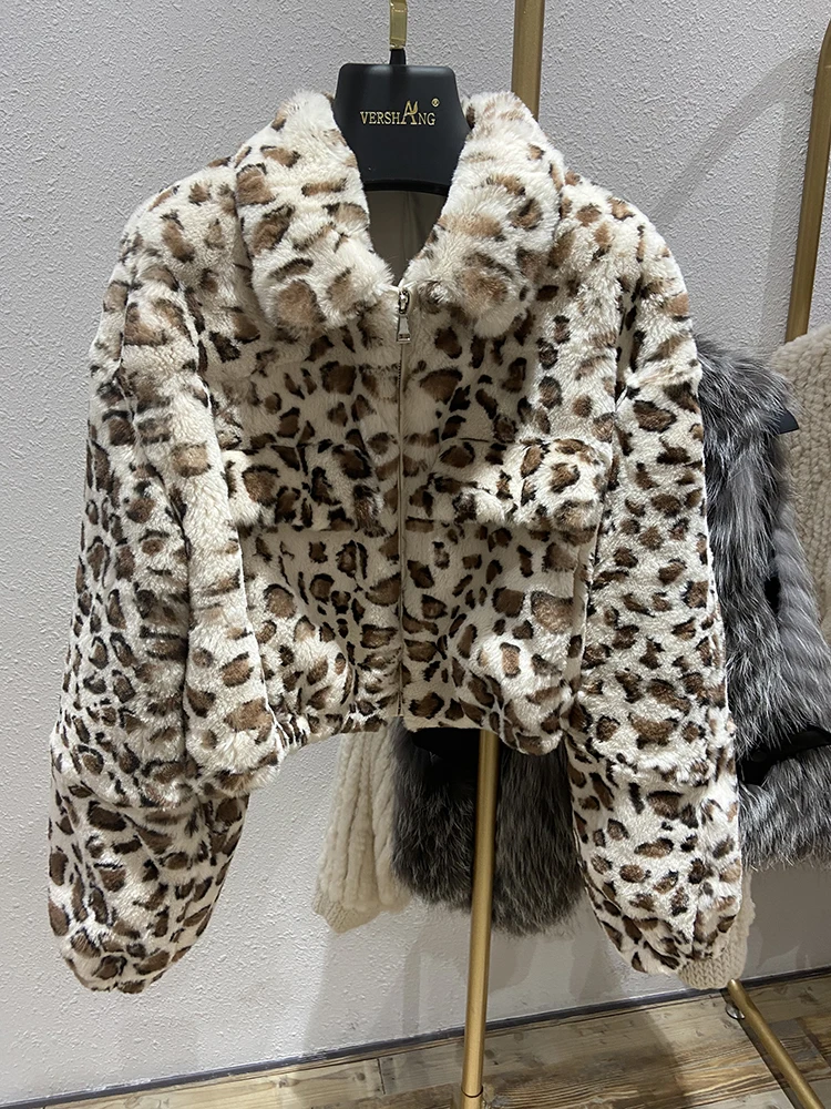 

Женская короткая куртка с леопардовым принтом, зимняя куртка из натурального меха кролика Рекс, 2021