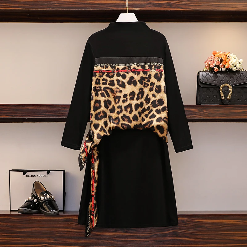 Женское осеннее платье футболка с леопардовым принтом в стиле пэчворк женское