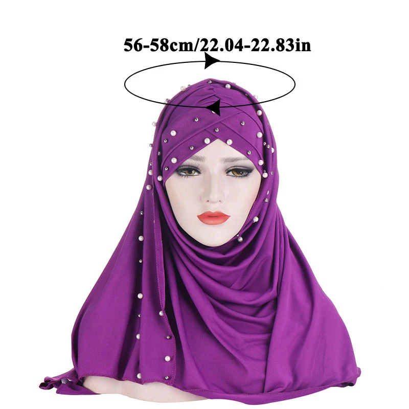 

Women's Headscarf Hat Ladies Muslim Wrap Head Scarves Turban Caps Solid Color Beads Hijabs Scarf Classic Two-piece Suit