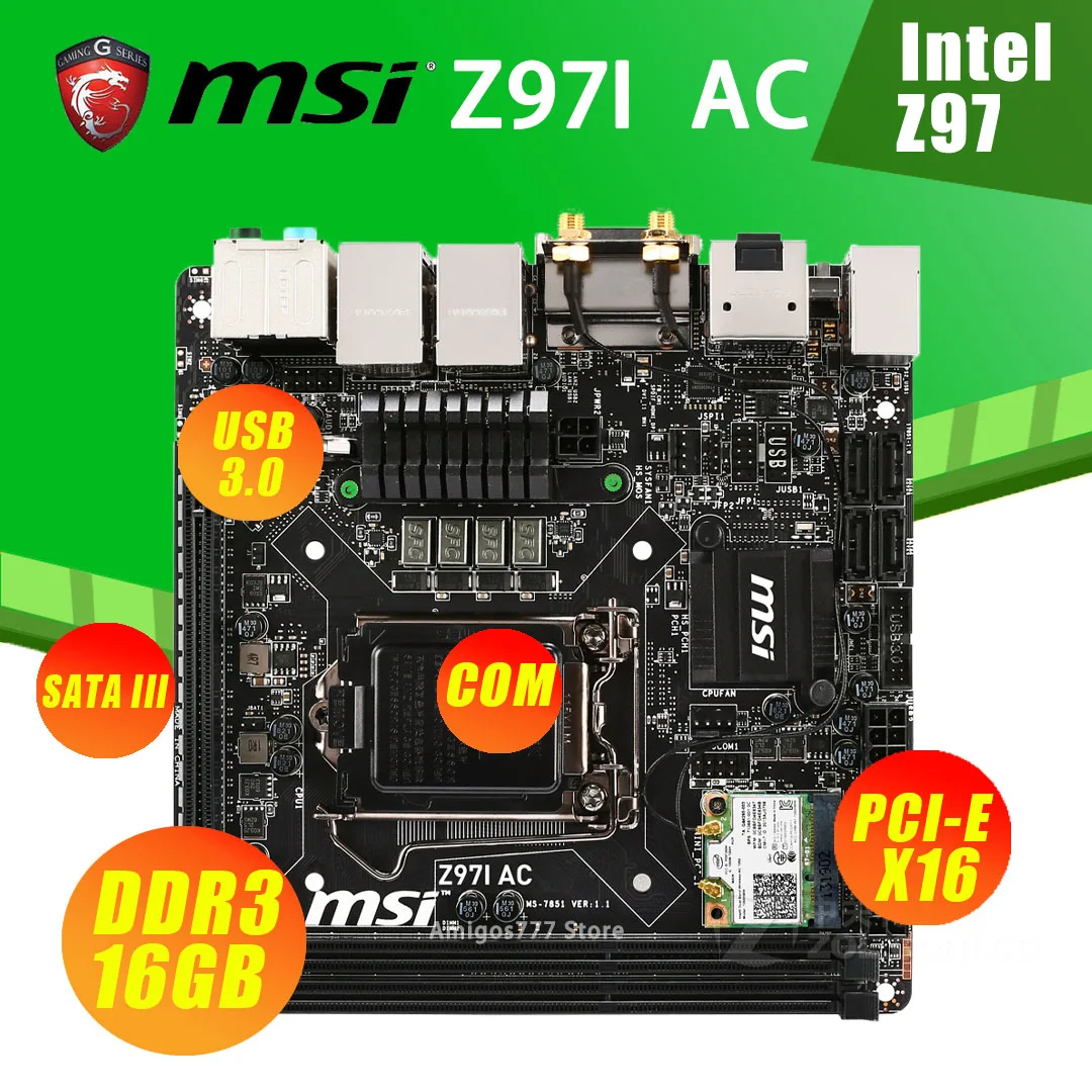 Günstig LGA 1150 MSI Z97I AC Motherboard Core I7/i5/i3 DDR3 16GB 1066MHz DVI HDMI-kompatibel Desktop Z97 Placa-Mãe Mini-ITX Verwendet