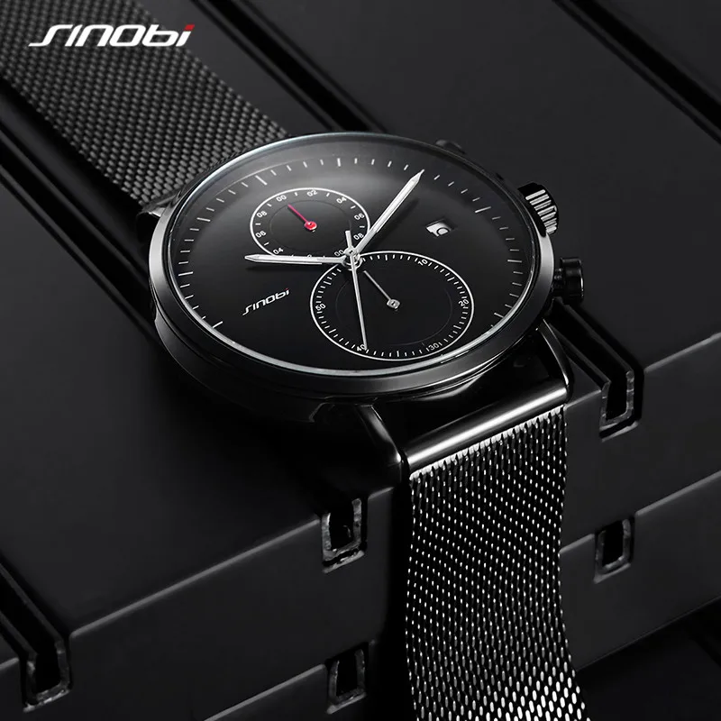 SINOBI Ultra-thin Simple Dial Men Watches Luxury Black Gold Watch Stainless Steel Quartz Male Clocks Waterproof Business Watches