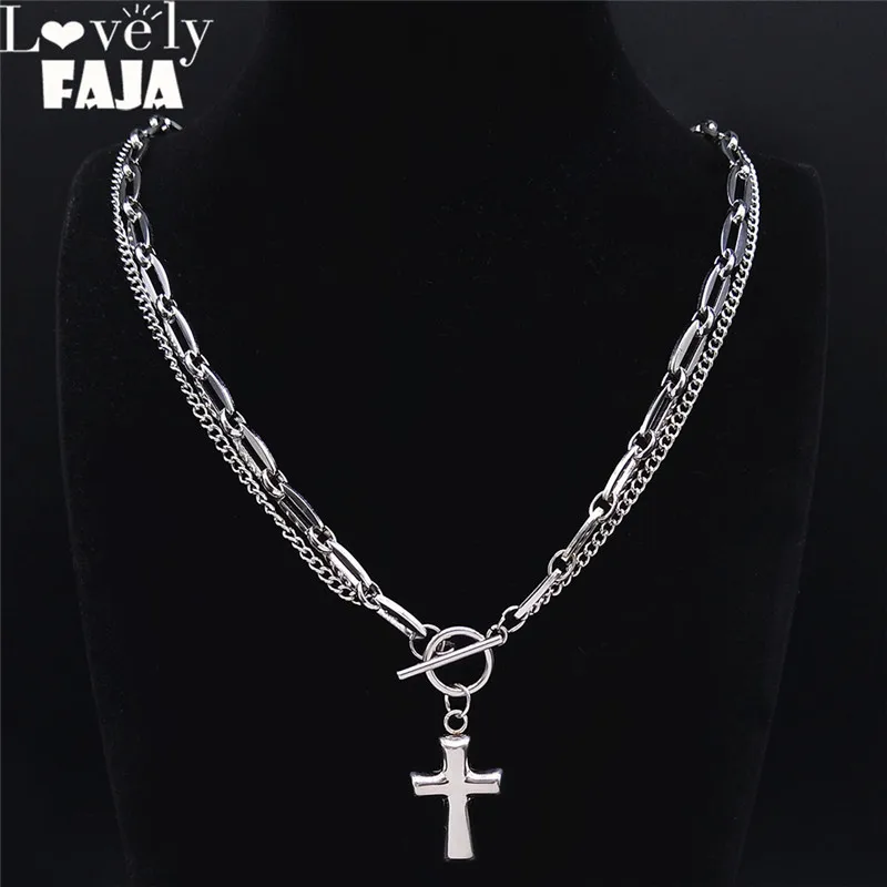 

2022 Punk Cross Necklace Pendant for Women/Men Silver Color Stainless Steel Double Layer Necklace Jewelry bijoux homme NK68S03