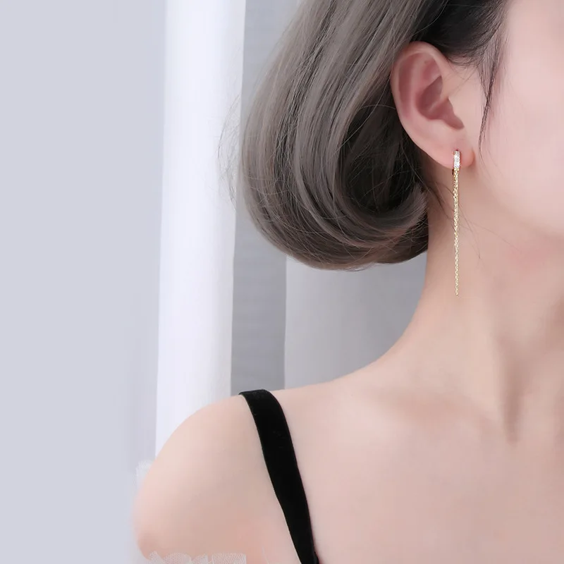925 sterling silver earring Fashion zircon Long Tassel Chain Earring temperament exaggeration women girl ear jewelry | Украшения и
