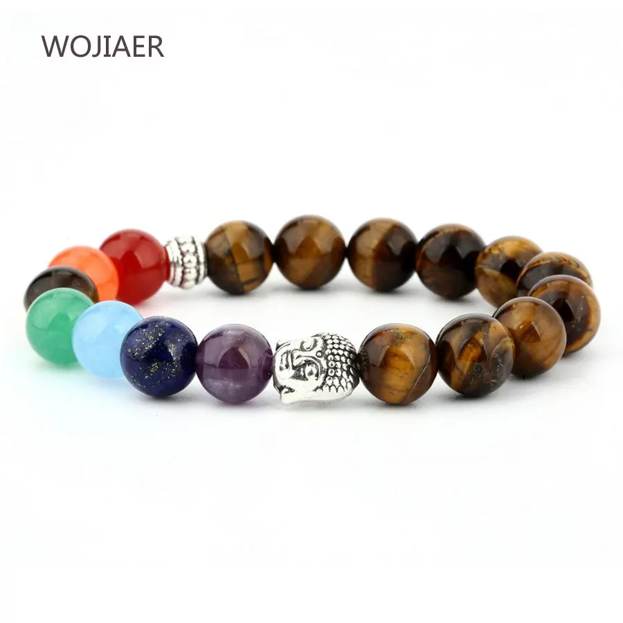 

WOJIAER Natural 8mm Round Tigers Eye Amethysts Stone Beads Reiki 7 Chakra Buddha Bracelet Jewelry Women Men Bracelets ZBM110