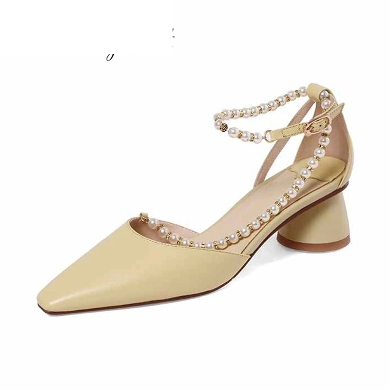 Туфли лодочки женские на высоком каблуке коровья кожа квадратный носок жемчуг