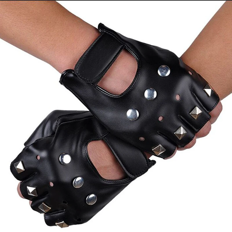 

magic tape studs rivets hollowed pu leather fingerless glove mitt sport riding motor batcave goth punk rock stage party costume