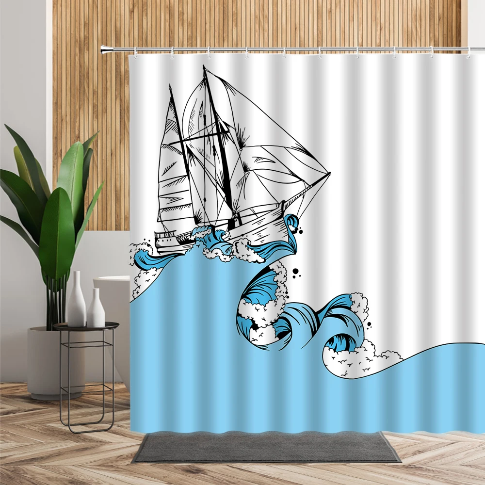 3D занавеска для душа в скандинавском стиле ручная роспись компас парусник