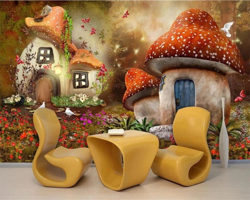 

Customized 3d cartoon mural wallpaper mushroom house children's room TV kindergarten background wall 3d wallpaper