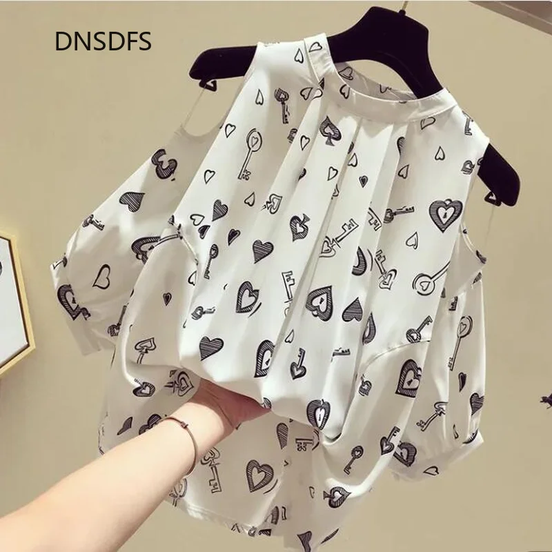 

Блузка женская шифоновая с цветочным принтом, Модная элегантная рубашка для офиса с открытыми плечами, белый топ на лето, 2021