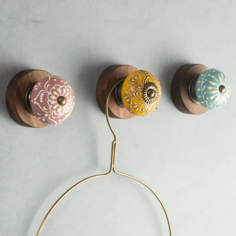 

European American Country Retro Distressed Wall Hook Walnut Ceramic Decorative Hook Clothes Hook Entrance Hook