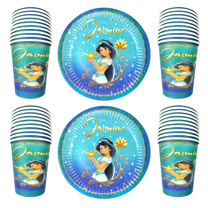 

Jasmine Princess Theme Tableware Set Happy Birthday Party Cups Plates Decorate Girls Kids Favors Supplies 60pcs/lot