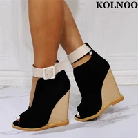 kolnoo new euro style ladies wedge heel pumps u designed peep toe patchwork buckle strap sexy shoes evening fashion court shoes