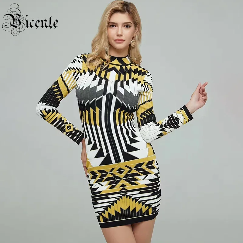 

VC All Free Shipping New Arrival Jacquard Geometric Long Sleeves O Neck Celebrity Party Bandage Mini Dress