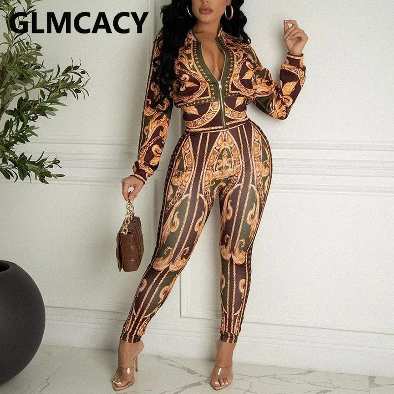 

Women Two Piece Vintage Slim Suits Long Sleeve Zip Up Tops & Slim Pants Set