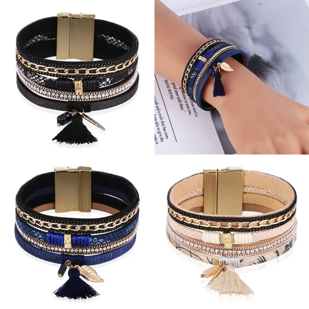 Новые модные Многослойные Кожаные бриллианты и браслеты в стиле бохо магнитные