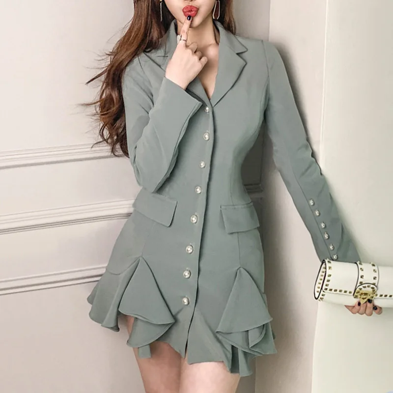 

Корейское элегантное офисное однобортное зимнее платье с оборками и отложным воротником женское официальное платье с высокой талией повсе...