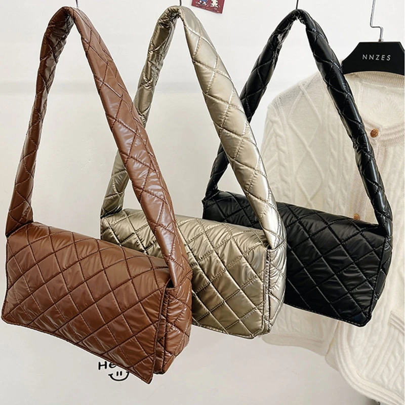 

Fashion Women Nylon Handbag Trendy Quilted Shoulder Bag Solid Color Square Bag Flap Armpit Bag Retro Underarm Bags