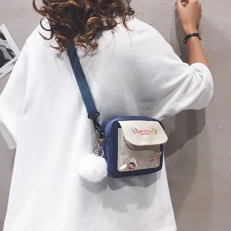 

Canvas Women Small Crossbody Bag with Plush Keychain Casual Student Girls Messenger Bags Mini Phone Purse Handbag Shoulder Bag