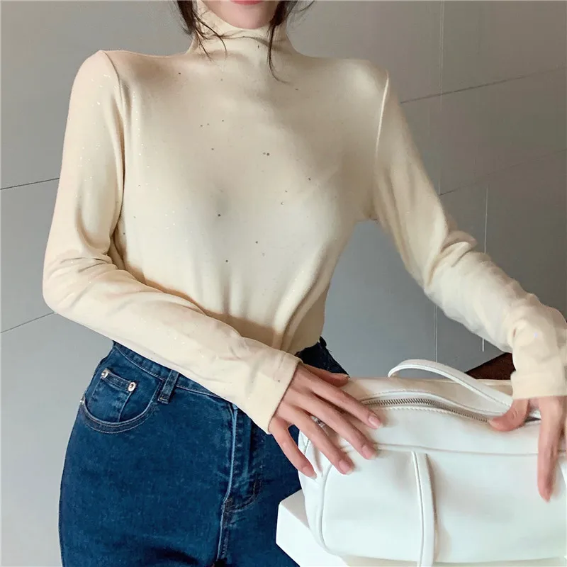 

Bright Silk High Quality Sweatshirt for Women Turtleneck Long Sleeve Sweater Cotton Shirt Elastic Tops Winter 2021 New Spring