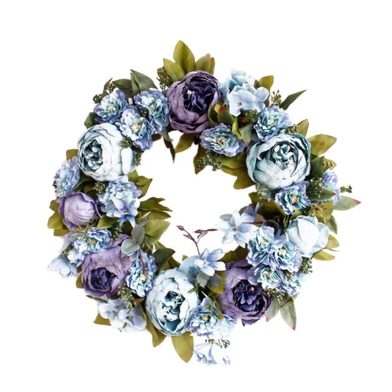 

40CM Artificial Peony Flower Wreath Christmas Thanksgiving With Green Leaves Window Wall Wedding Home Decor Props For Front Door