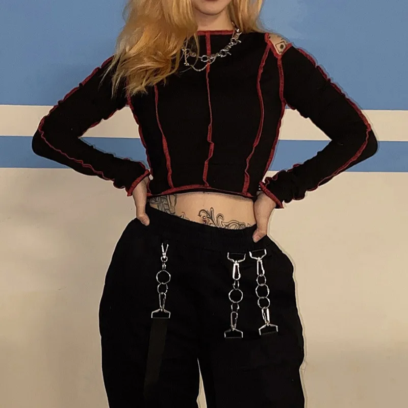 

2020 Autumn Winter Fashion Simple Black Stripe Design Hollow Out Crop Tops Women Full Sleeve T-shirts Harajuku Tees Mujer