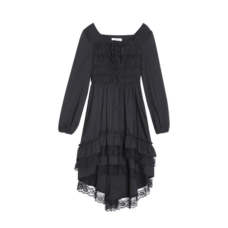 Женское вечервечерние платье черное готическое с квадратным вырезом и оборками