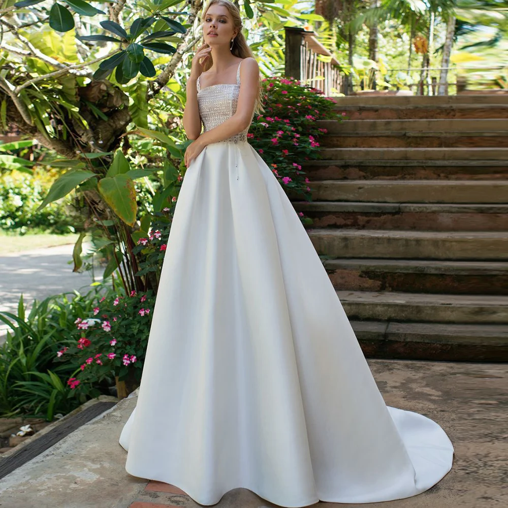 

Simple Wedding Dresses Square Collar Spaghetti Straps Sleeveless Honorable Jersey Backless Beading Court Train Vestidos De Novia