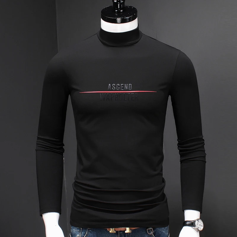 

Long Printed Men Fashion Sleeve T-shirts Autumn Winter Half Turtleneck Black Tshirt Stretch Cotton Modal T Shirt