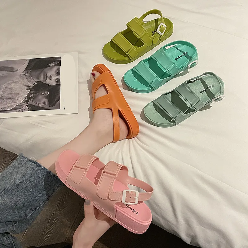 

Fashion Womens Shoes 2021 Open Toe Female Sandal Anti-Skid Large Size Luxury Peep Girls Beach Low Summer New Comfort Beige Big