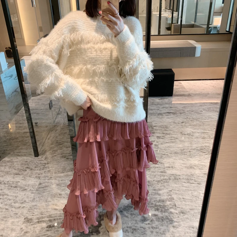 

New Fashion Fringe Fleece Warm Striped Fairy White Winter White Sweater