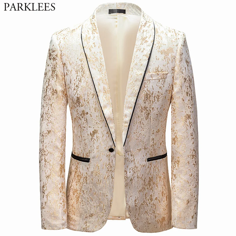 

Luxury Mens Gold Printed Tuxedo Jackets One Button Shawl Lapel Dress Suit Blazers Men Party Wedding Dinner Prom Costume Homme