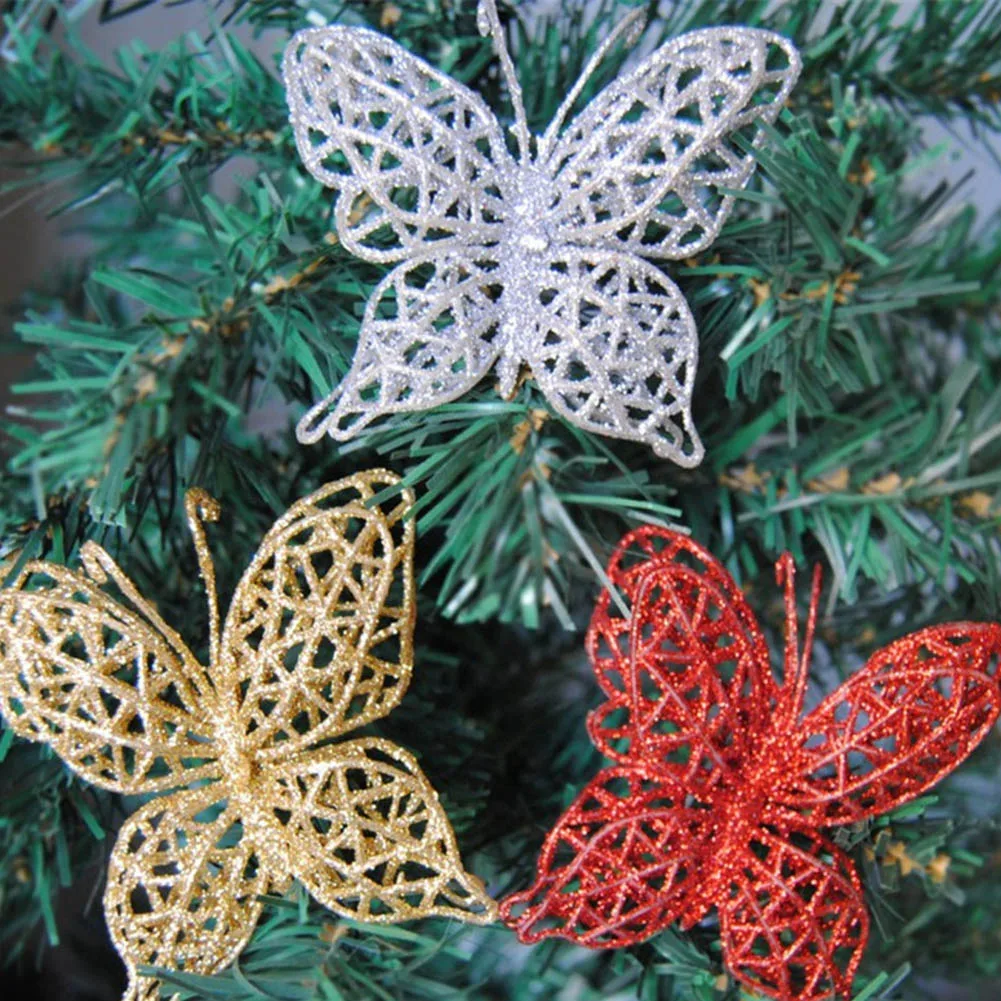 

1 pc Plastic Simulation Hollow Butterfly Decoration Christmas Tree Party Hanging Decoration Gold Silver 2021 New Year Decor