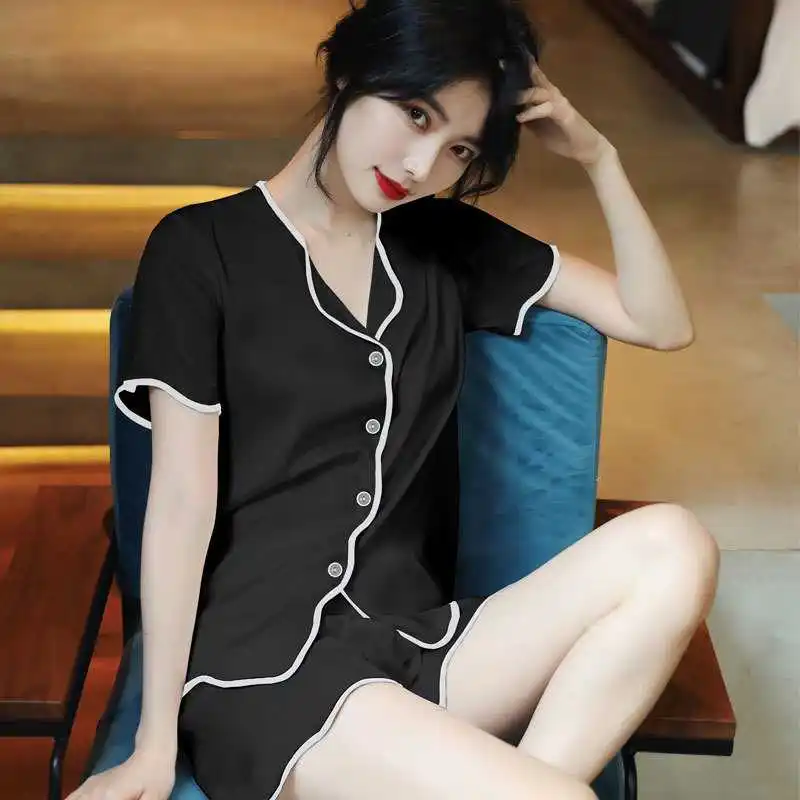 CAIYIER New Luxury White Silk Pajamas Set Summer Women Simple Soft Nightwear Solid Color Fashion Short Sleeve Homewear Suit 2XL