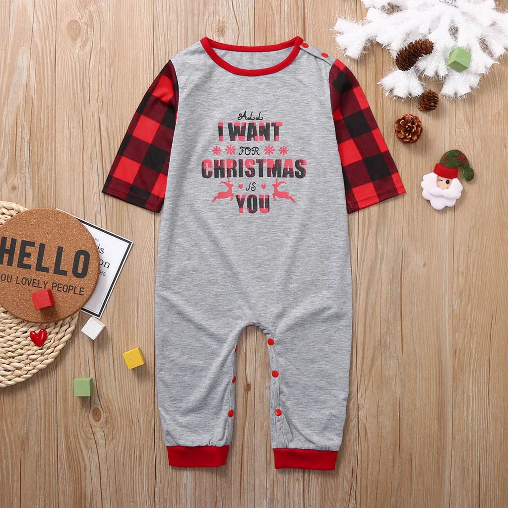 

Christmas Outfit Fashionable Letter Elk Print Plaid Pattern Long Sleeve Round Collar Sleepwear for Mother Father Baby Children