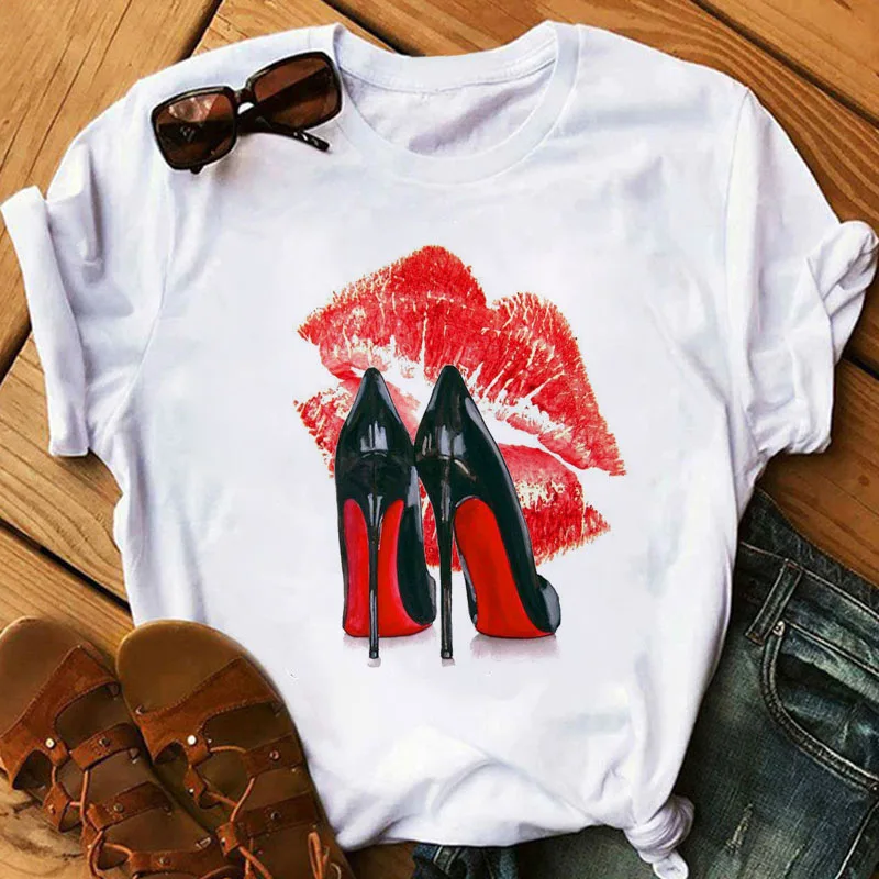 

S-3XL Women Tshirt Modal T-Shirt New Pink High Heel Printed T Shirt O Neck Short Sleeve Tees Summer Women Clothing