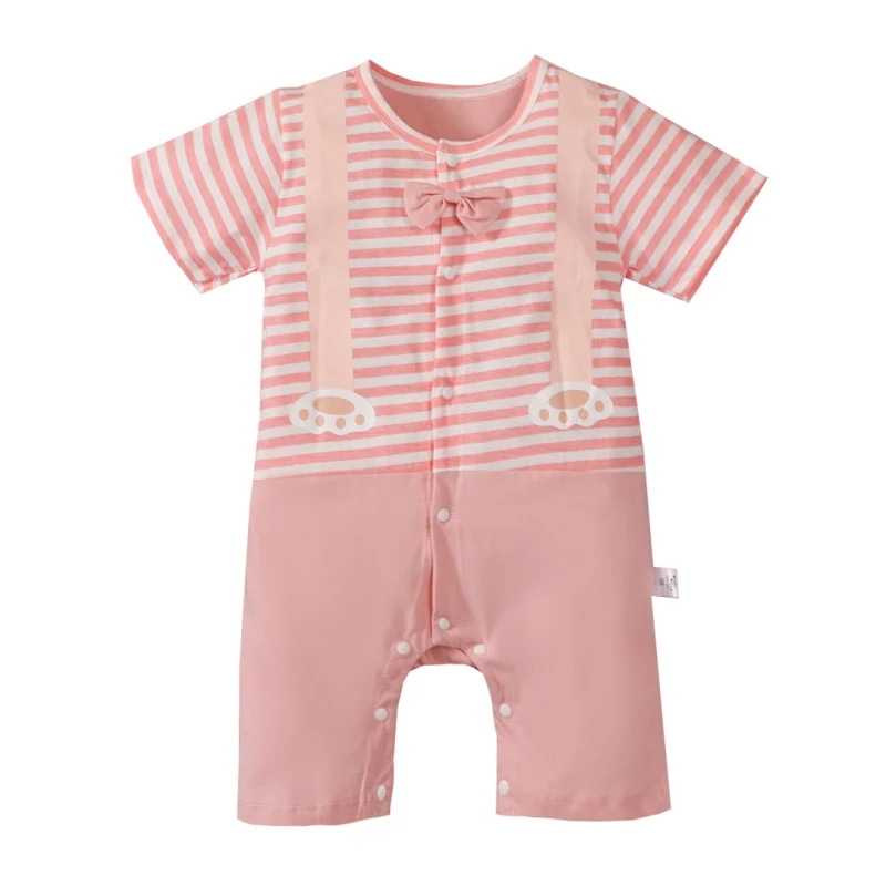 

Toddler Baby Boy Girl Clothes Striped Stitching Short Sleeve Romper Strap Pattern Bowknot Bodysuit Unisex Clothes 0-18Months