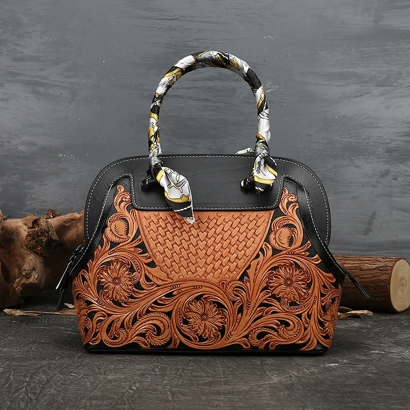

AECLVR 2020 New Senior Handmade Genuine Leather Carving Luxury Women Handbag Vintage First Layer Cowhide Large Capacity Tote Bag
