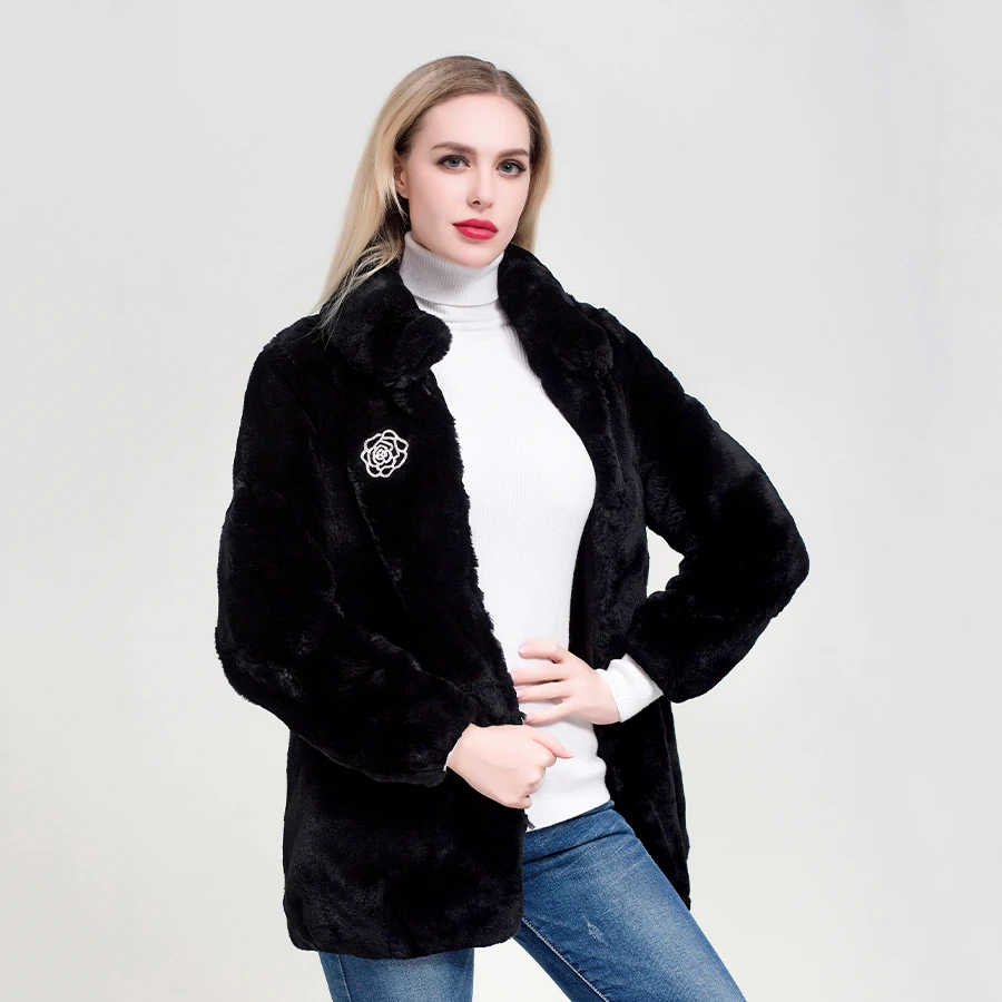ZDFURS*real fur coat  High Quality Genuine Rex Rabbit Fur coat jacket with diamonds buttoon Natural Real Fur Coat Warm Lapel