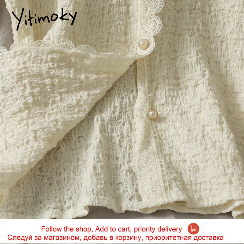 

Yitimoky Women Blouses Lace V-Neck Shirts Spring 2021 Fashion New Long Sleeve Clothing Casual Button Up Solid white balck Tops