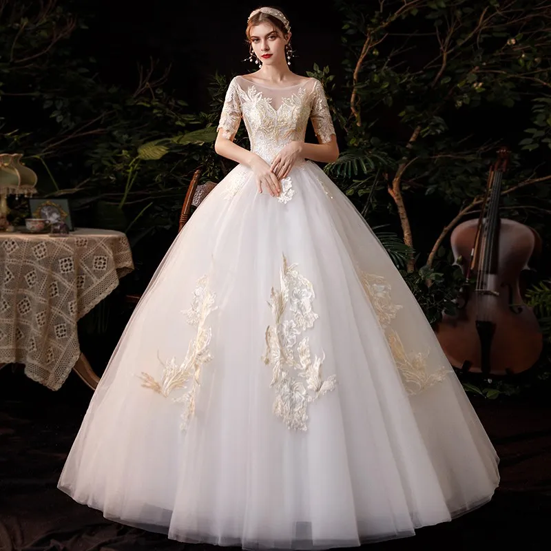 

Wedding Dress 2021 New Classic Lace O-neck Floor-length Lace Up Ball Gown Vintage Vestido De Noiva Robe De Mariee Plus Size