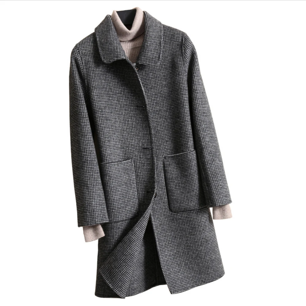 Клетчатое плотное зимнее женское хлопковое теплое пальто из 100% шерсти и кашемира