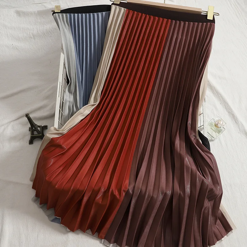 

2021 autumn winter bright silk skirts a-line contrast color matching pleated skirt female high waist street Midi long skirt lady