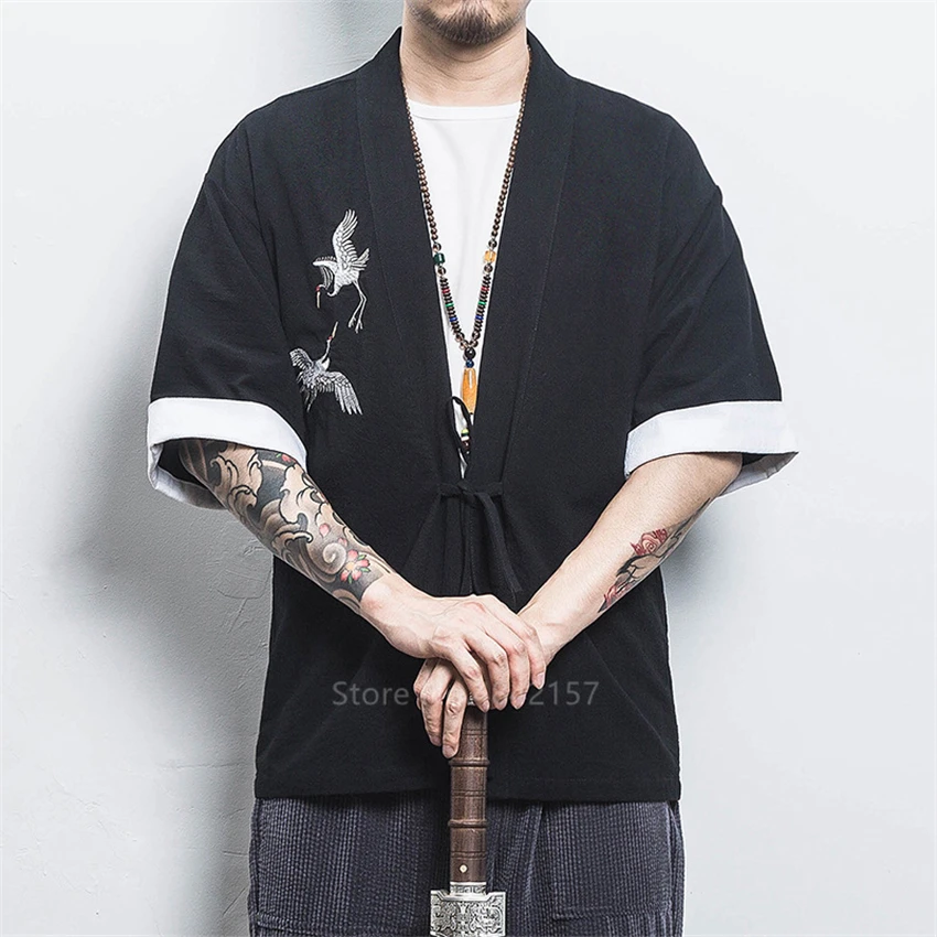 Японский Стиль кимоно кардиган с вышивкой в виде кран Dragon Yukata Haori Для мужчин